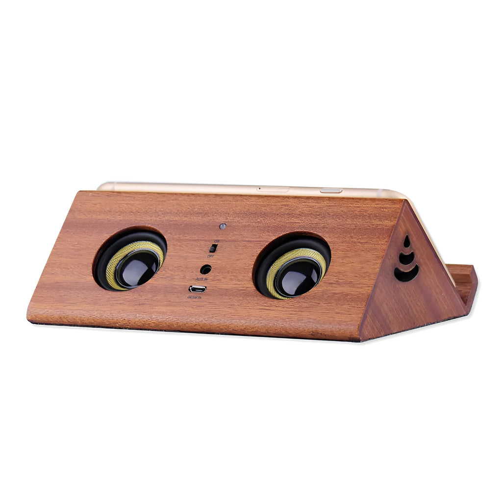 Bronze wooden home speaker with wooden shell, 3.5mm connection, and control panel on top