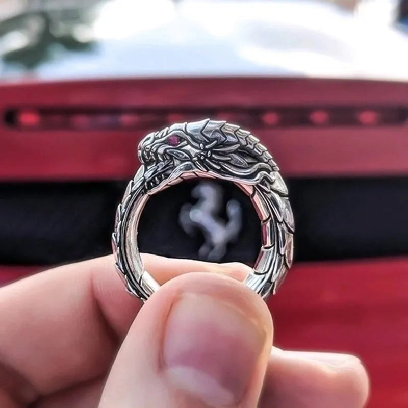 Vintage ethnic dragon ring metal Ancient Silver for men sizes 6 to 12