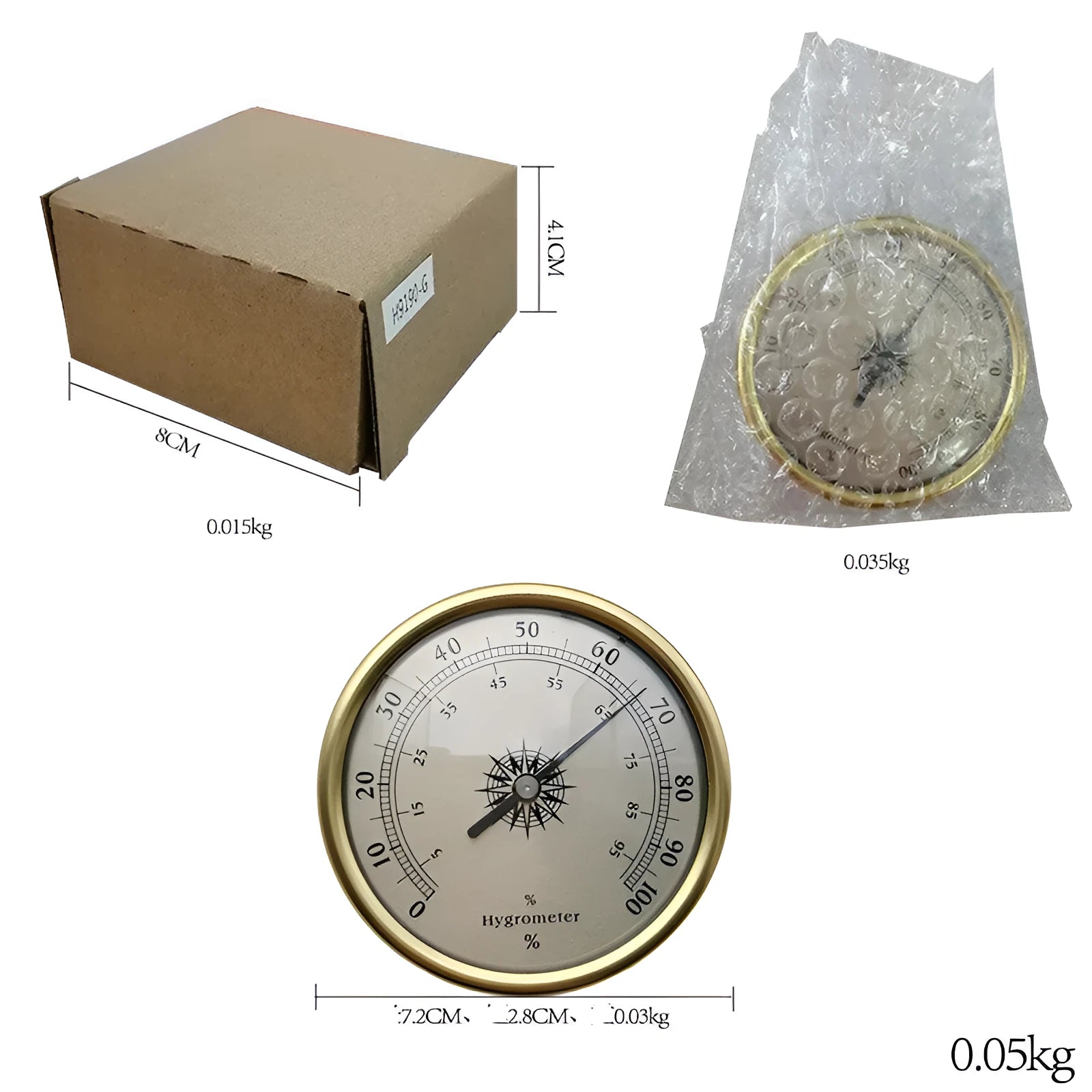 Analogue thermometer and hygrometer with silver aluminium dial and outer ring