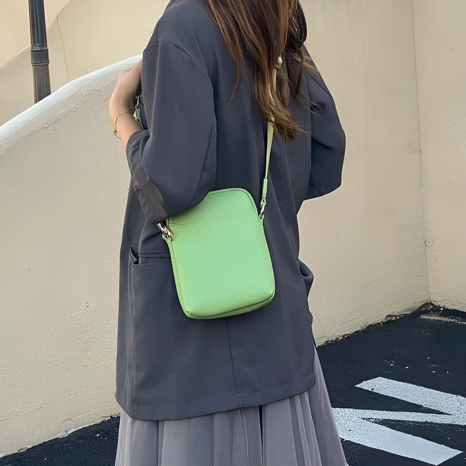 Simple solid colour mobile phone crossbody bag in PU leather showing black, beige, khaki, and green colour options.