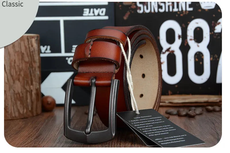 Men's two-layer cowhide leather belt with square alloy pin buckle in black finish