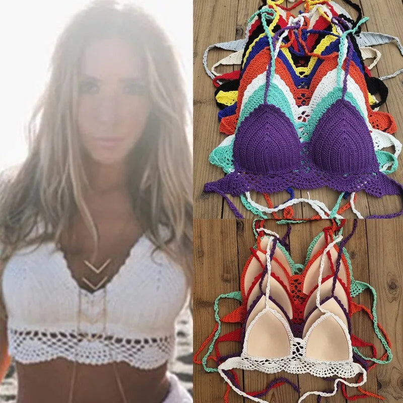Womens boho crochet bra backless retro polka dot cotton blend chest pad no steel support