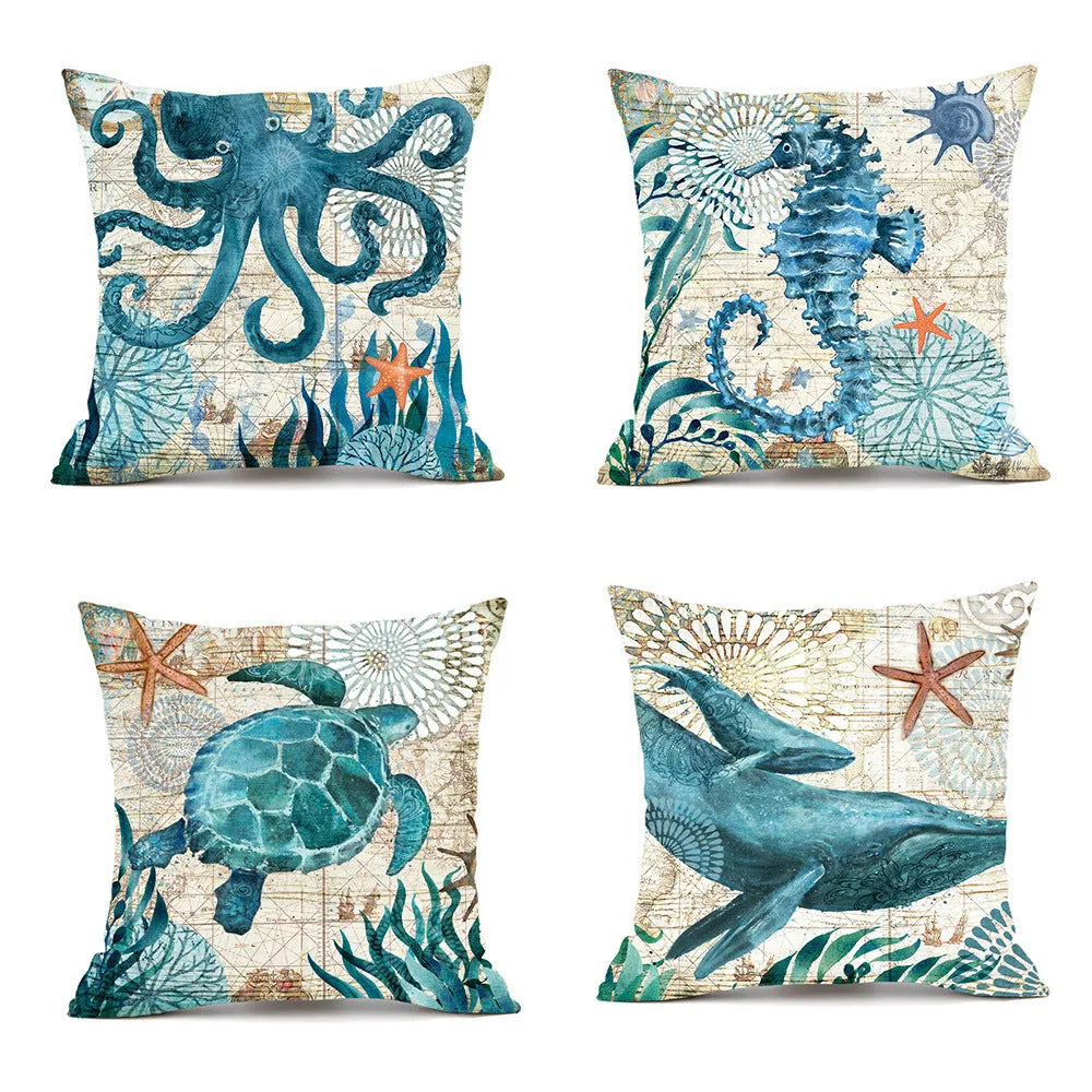 Square linen cushion cover with sea turtle printed design measuring 45x45cm