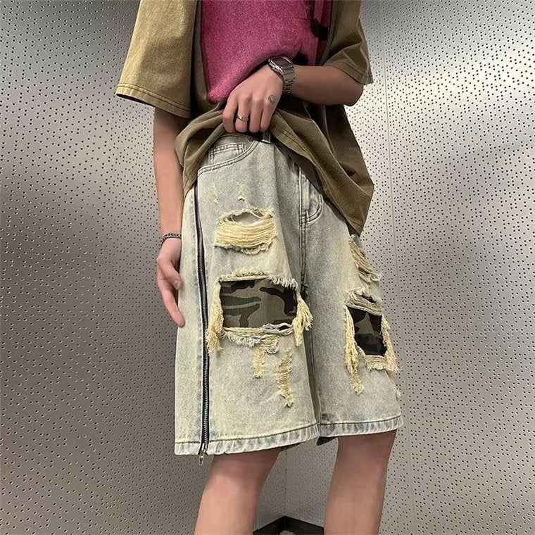 Men's ripped camouflage denim shorts in yellow mud colours with straight leg Korean style