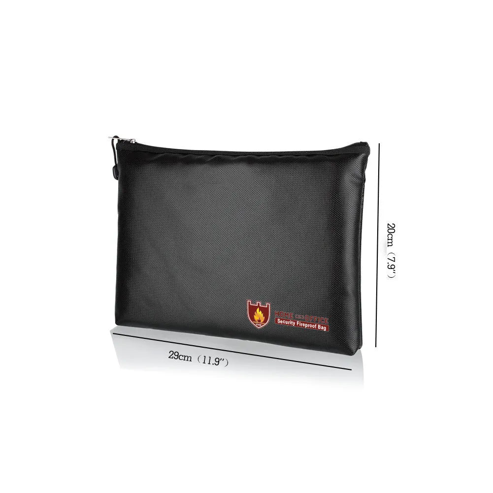 Black fire-proof contract information document bag shown in three different sizes for A4 paperwork.