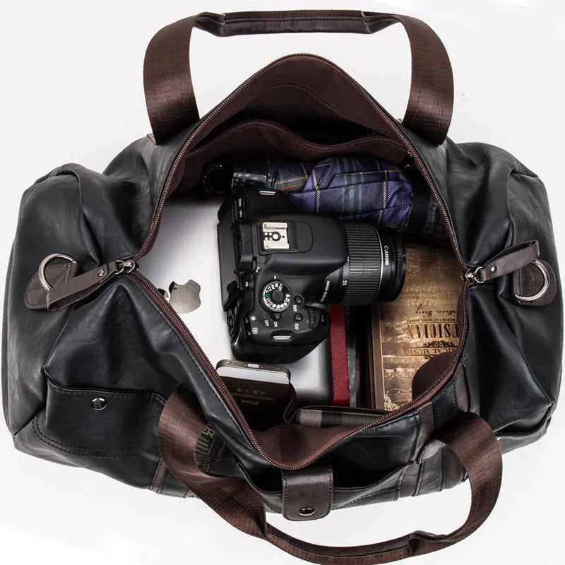 Portable cylinder leisure travel bag in PU leather, 21x49x22cm, 36-55L, with phone, camera and zip pockets