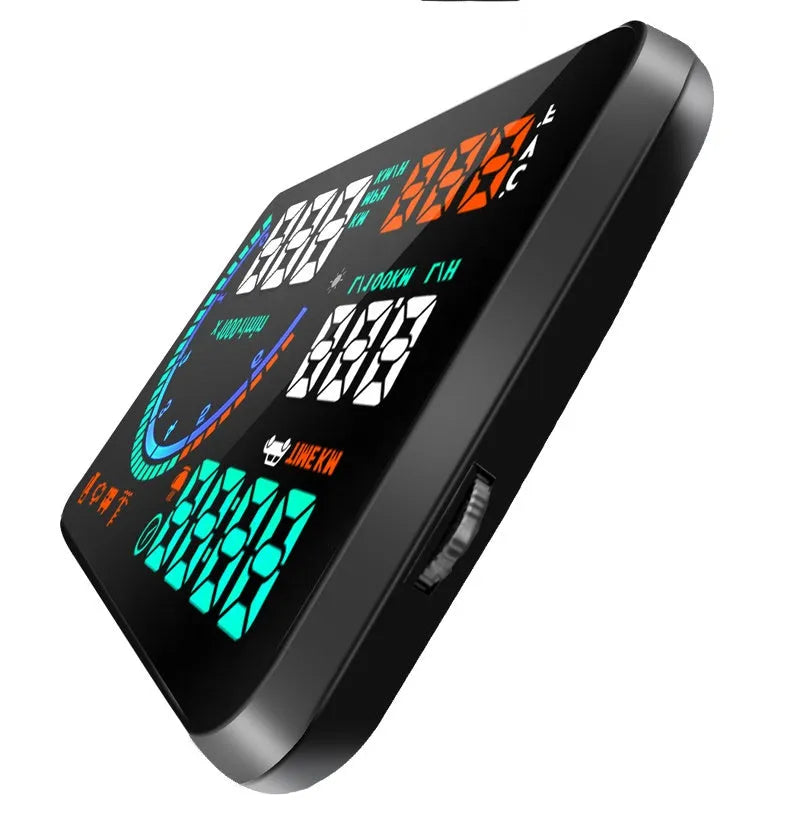 Black car head up display with 5.5-inch LED screen on dashboard showing speed and fuel data