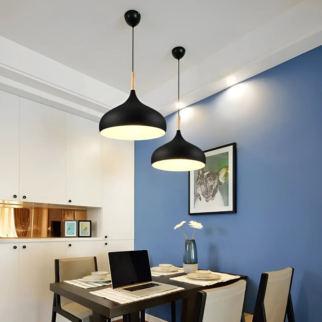 Modern single-head macarone chandelier pendant lamp with adjustable cord, shown in a selection of colours.