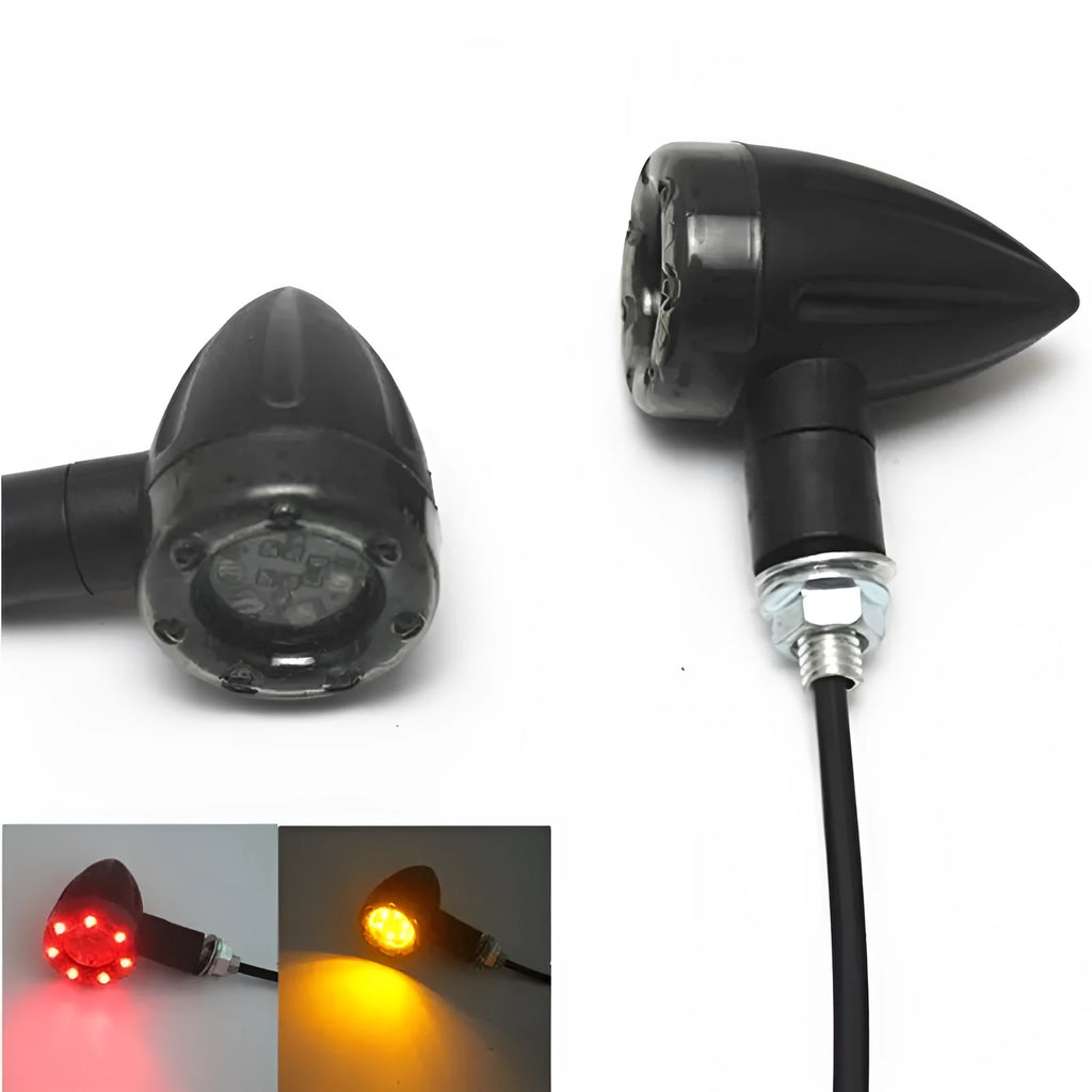 Pair of 6-LED motorcycle turn signals with smoke cover and black plastic housing, 8mm screw mount