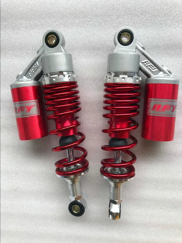 Pair of adjustable motorcycle shock absorbers 355mm length 320mm eye to eye black gold colour
