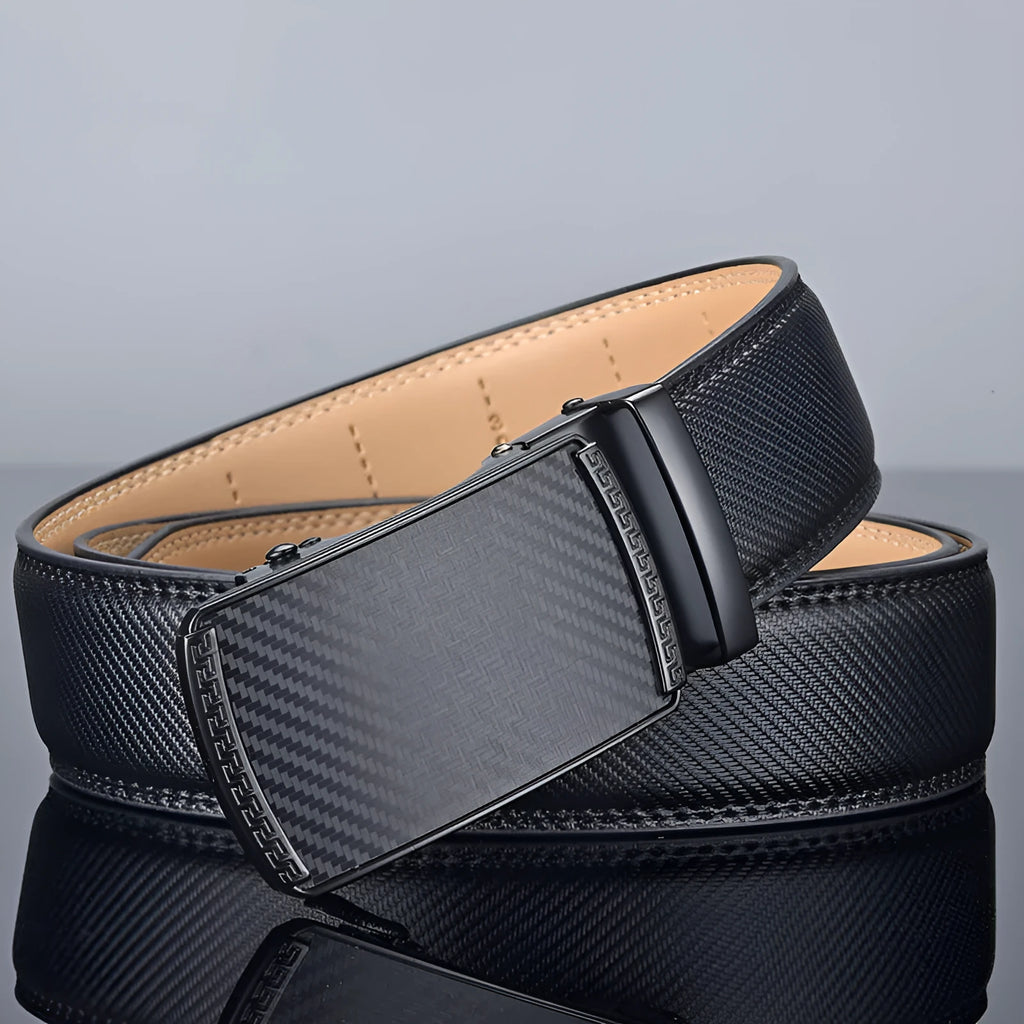 Men's black two-layer cowhide click belt with embossed striped pattern and rectangular glossy alloy buckle