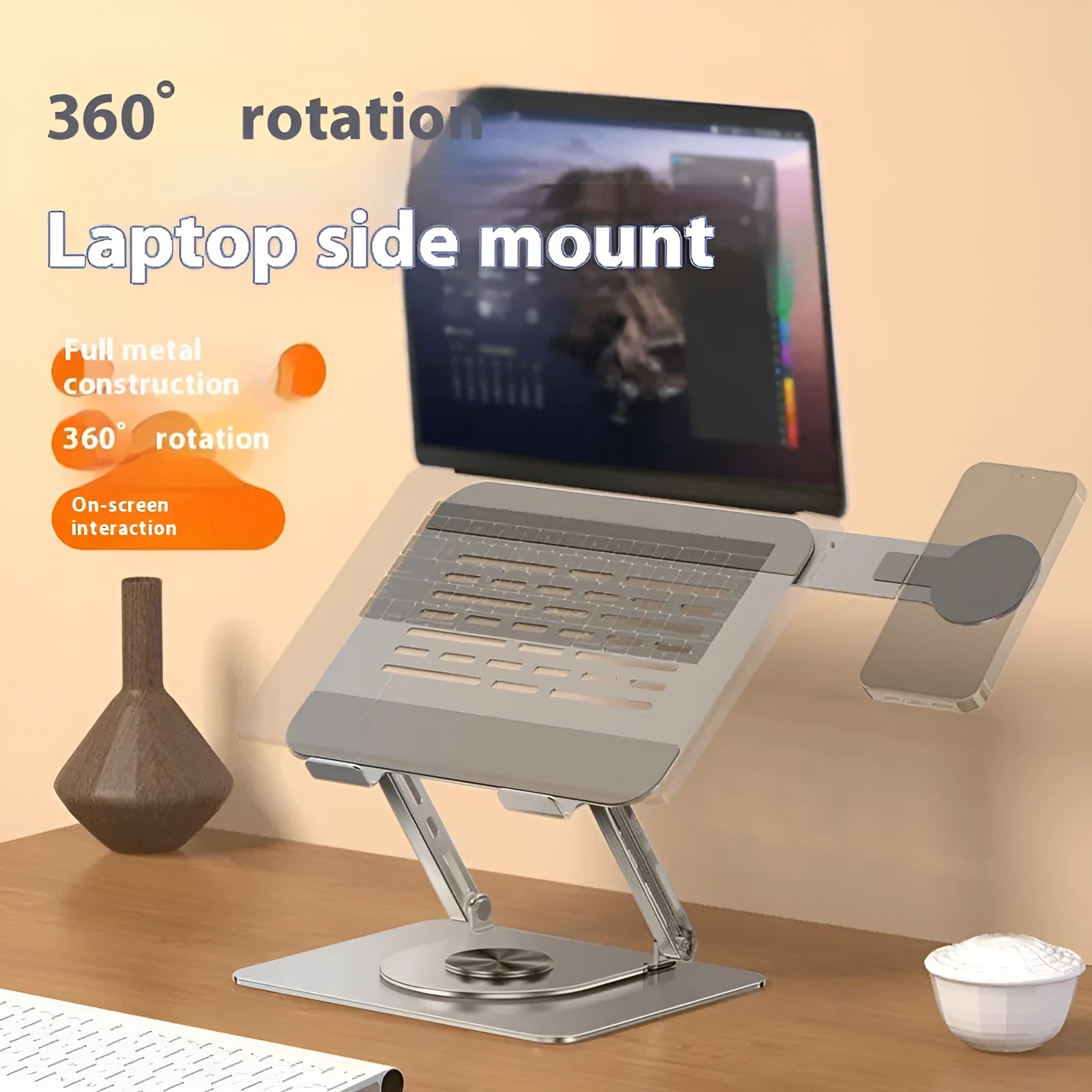 Silver carbon steel laptop stand with side-mounted magnetic phone holder for devices up to 17 inches