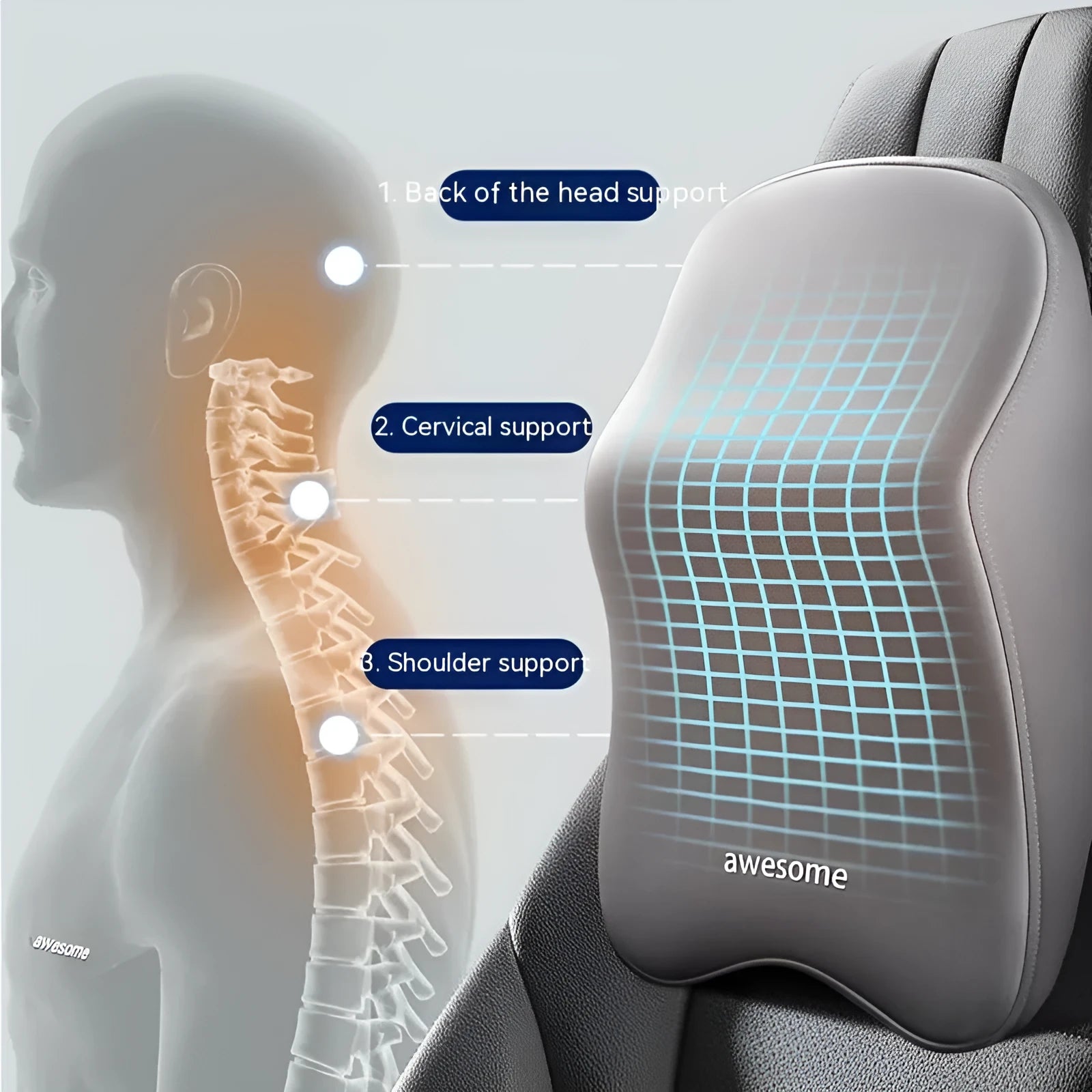Car headrest pillow and lumbar support pillow set in four colour options on a car seat
