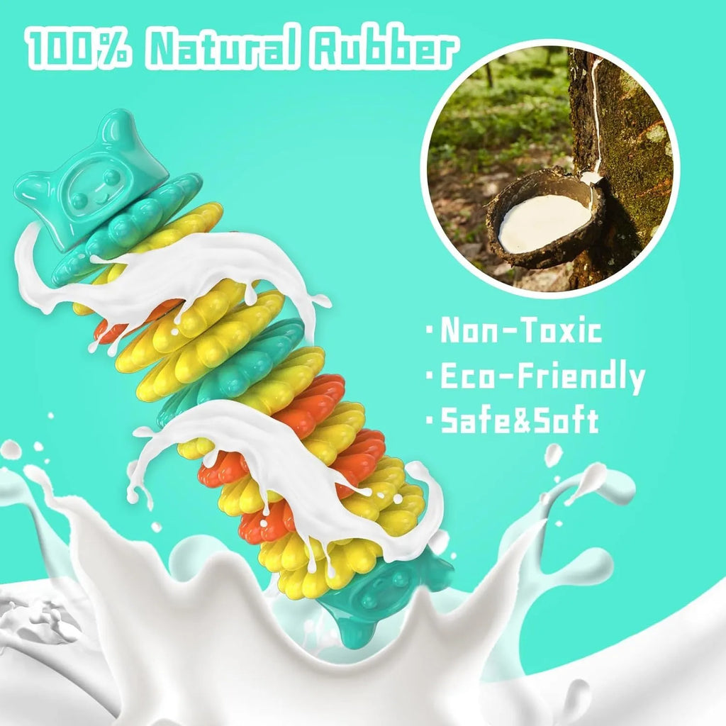 Blue natural rubber caterpillar-shaped dog chew toy for aggressive chewers on a white background.