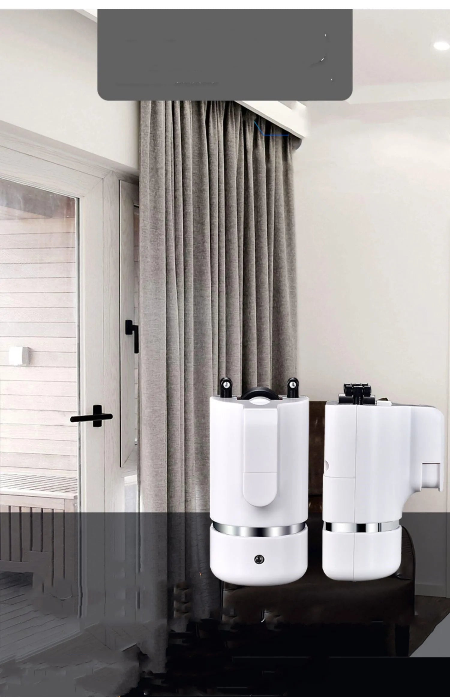 Electric curtain motor kit components including motor, remote control, aluminium track, and silent pulleys.