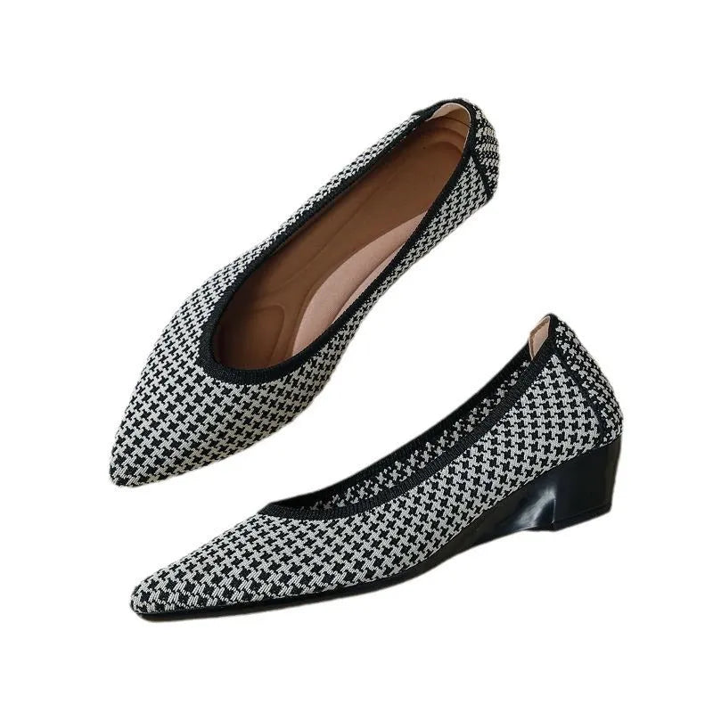 Women's pointed toe wedge pumps with mesh upper and low heel in leopard brown colour