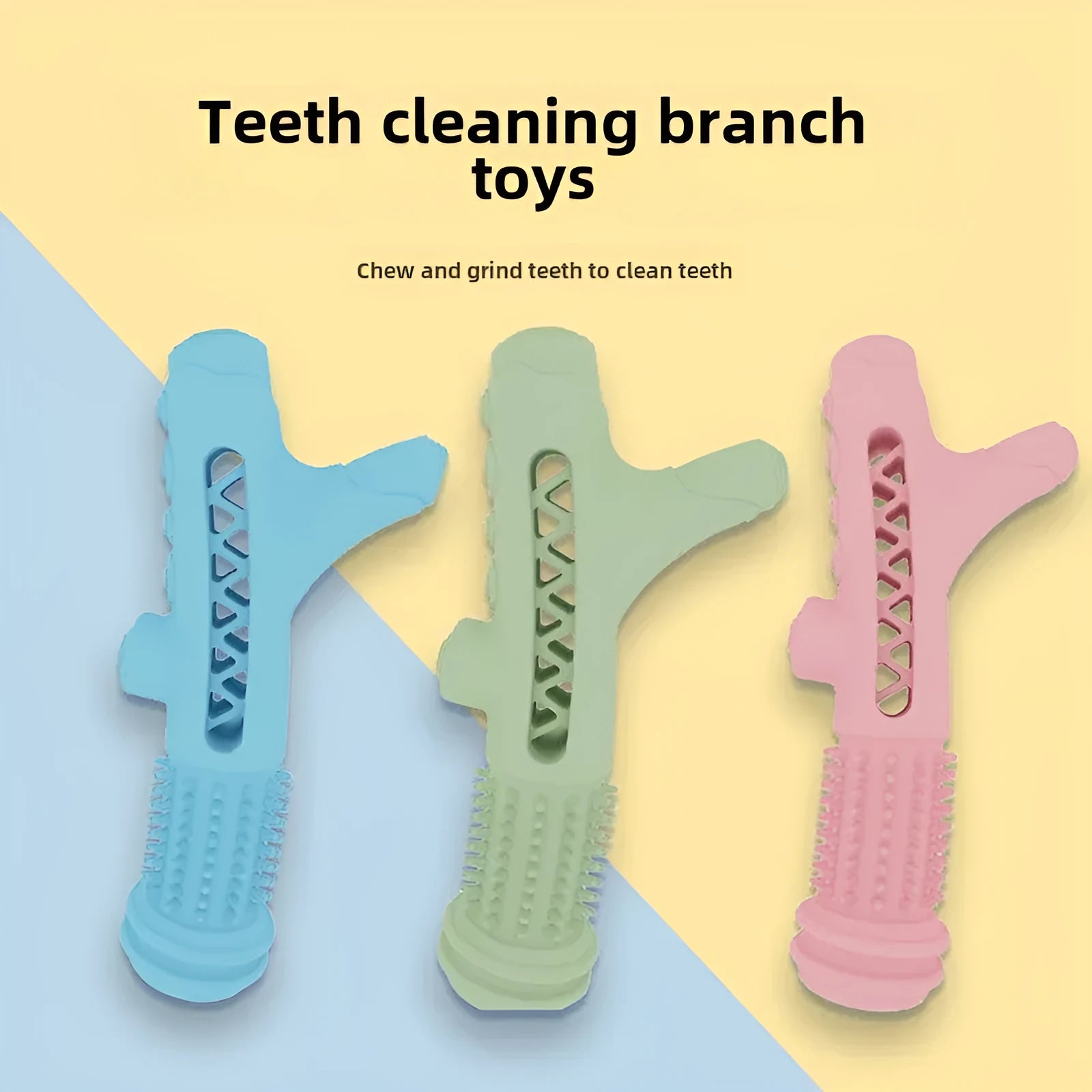 TPR tree branch dental chew toy for small dogs in blue, green, and pink colours