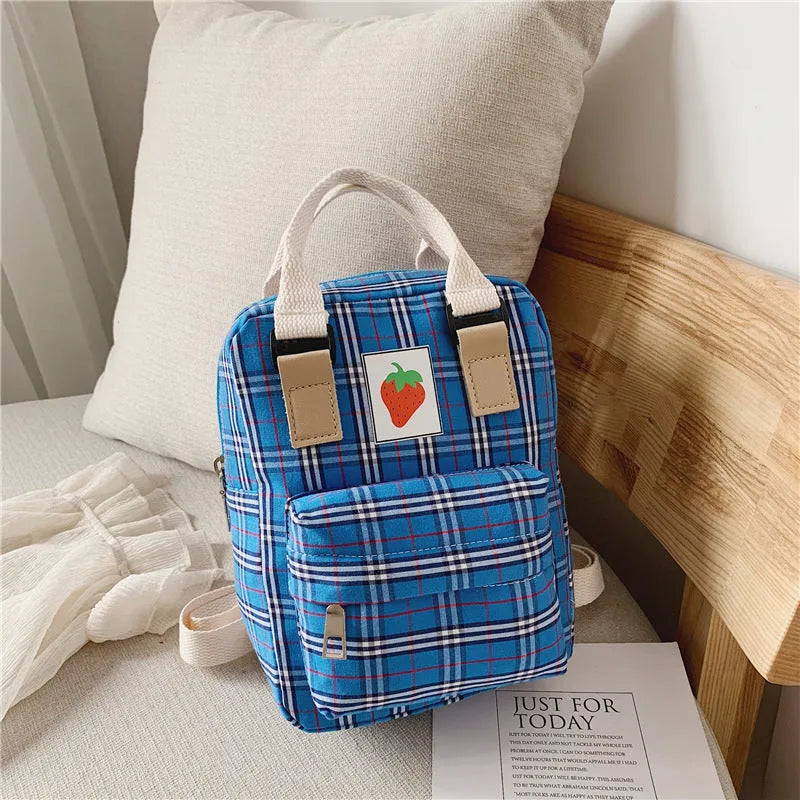 Fashion mini cartoon checked canvas children's backpack for school in blue with soft handle and double shoulder straps