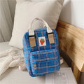 Fashion mini cartoon checked canvas children's backpack for school in blue with soft handle and double shoulder straps