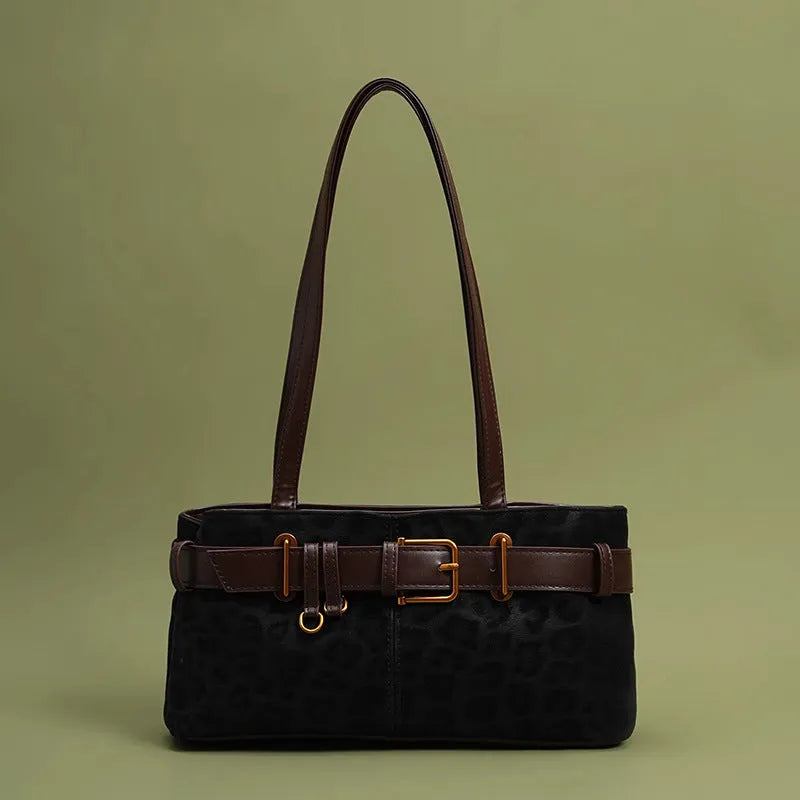 Retro leopard print shoulder bag in horizontal square shape, PU material, double straps, 30x15x10cm