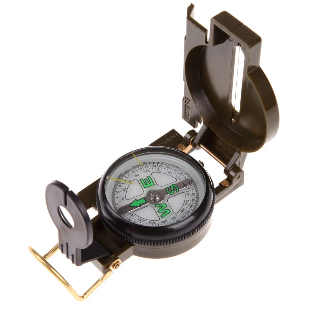 Army green aluminium alloy foldable compass with kerosene damping, opened to show lens and needle