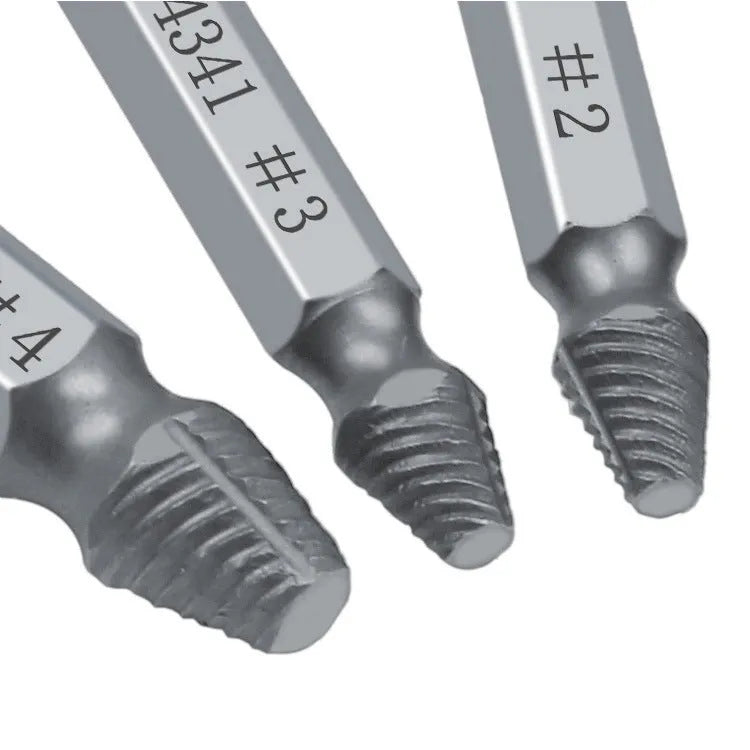 6-piece high speed steel 4341 slip-tooth head screw extractor set on a neutral background