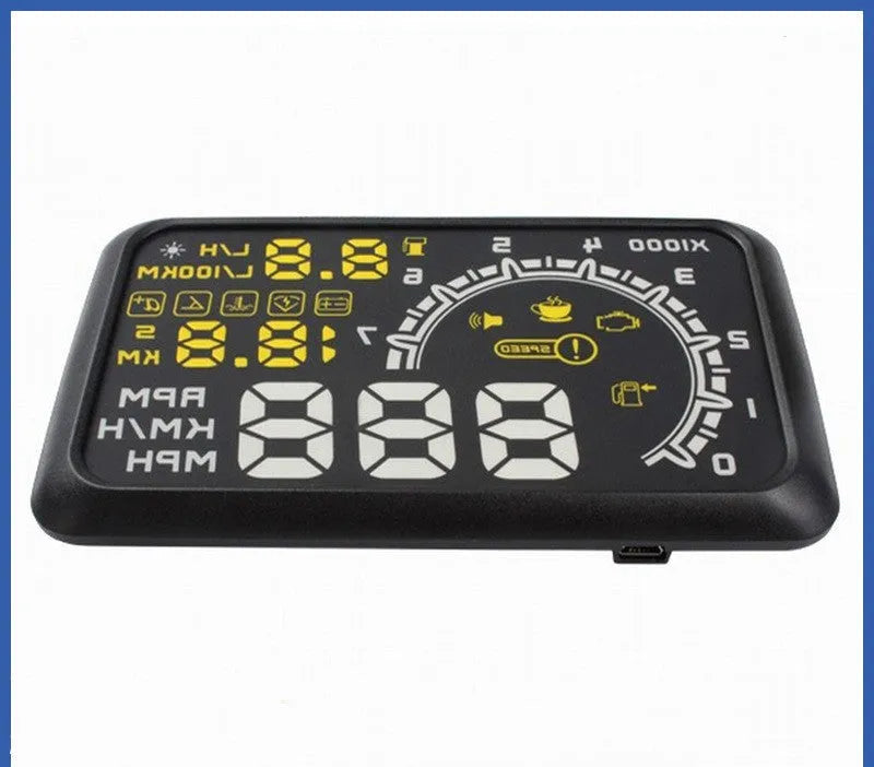 Black ABS head up display with multicolour nanotechnology screen on a non-slip mat for OBD II cars