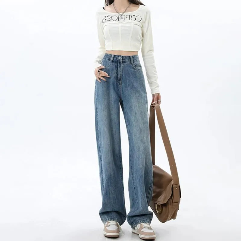 Women's retro blue high-waist wide-leg straight jeans on a neutral background