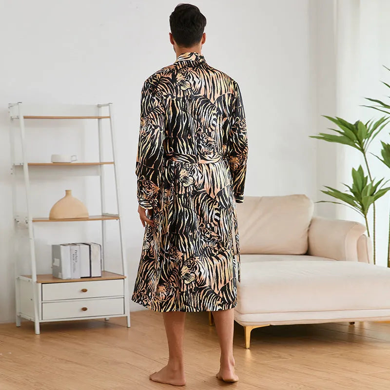 Men's tiger pattern ice silk bathrobe and shorts set laid flat showing long sleeves and short length pants