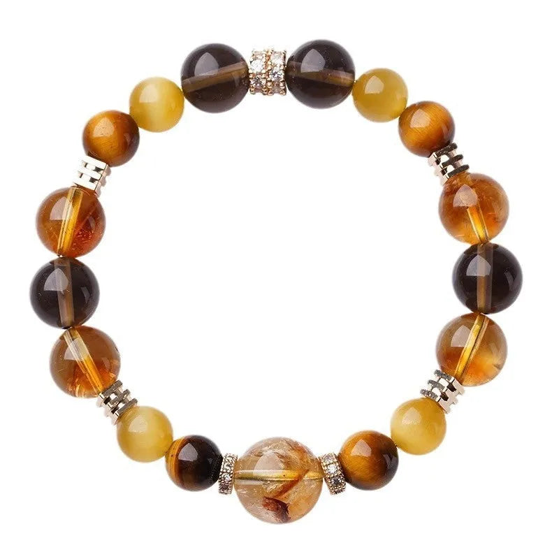 Lucky Jinba natural tiger-eye crystal bracelet with geometric beads in yellow tower style.