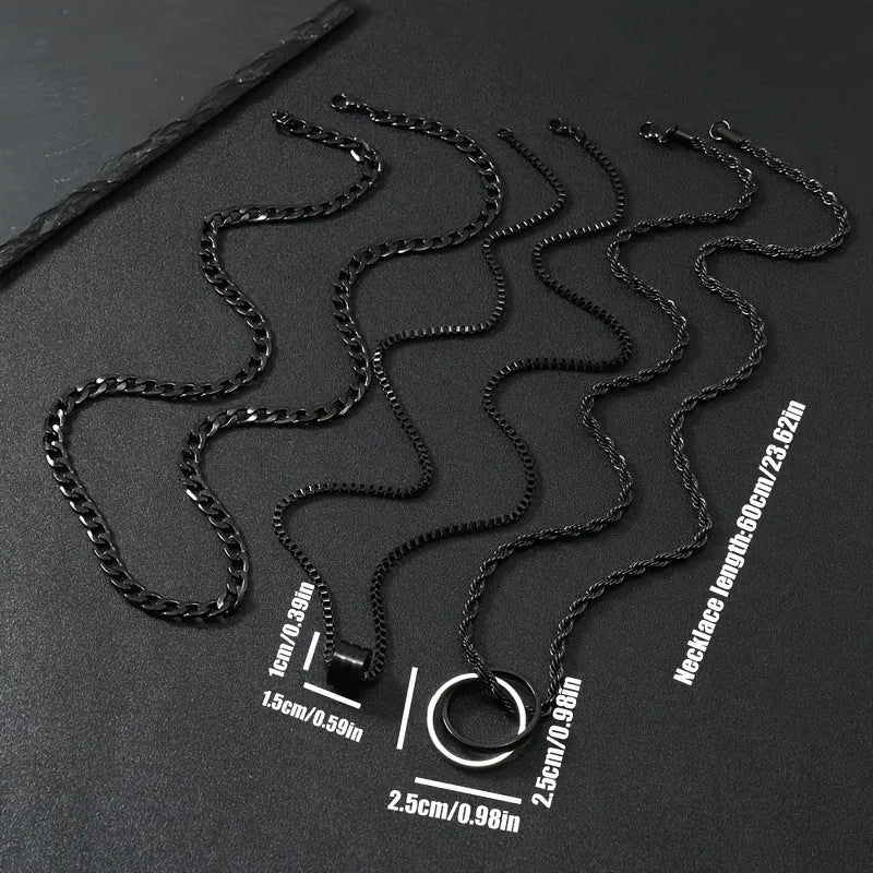 Men's black stainless steel necklace with titanium steel cylindrical ring buckle pendant, three-piece set.