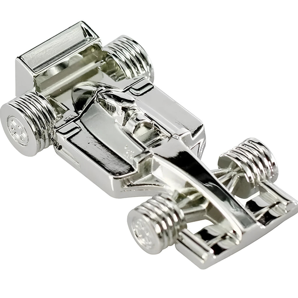 Silver plastic hand-made car model USB flash drive with push pull mechanism on white background