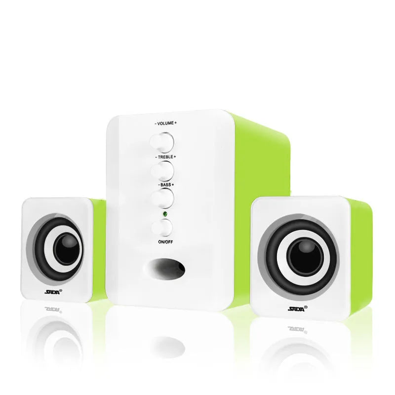 Set of three plastic computer speakers in black: one main unit and two satellite speakers with 3.5mm audio and USB cables