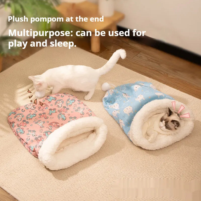 Blue rabbit print flannel cat sleeping bag nest measuring 50 by 40 centimetres.
