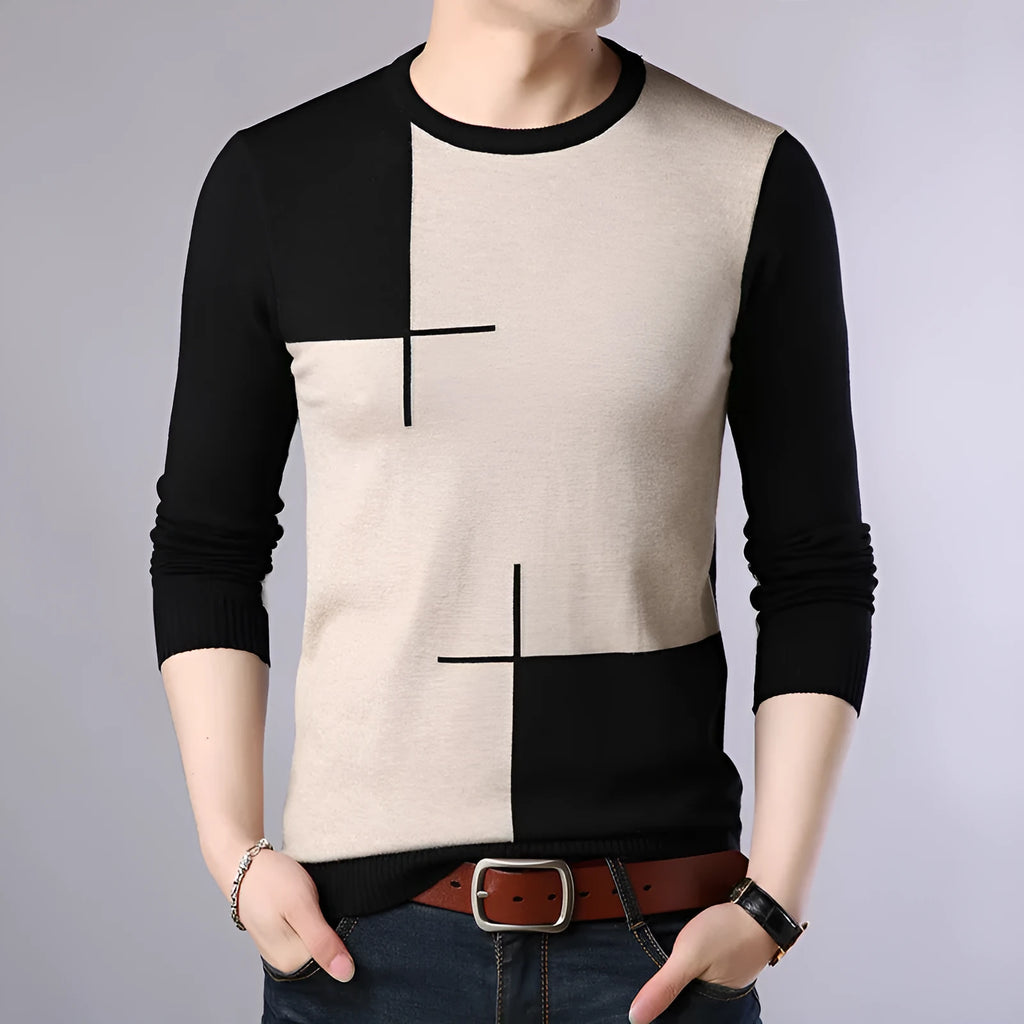 Men's wool crew neck pullover in black, dark blue, and red, sizes M to 3XL