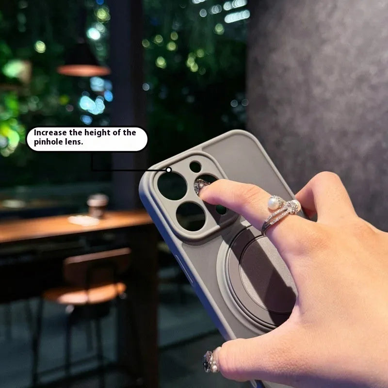Transparent magnetic iPhone case showing invisible bracket folded out