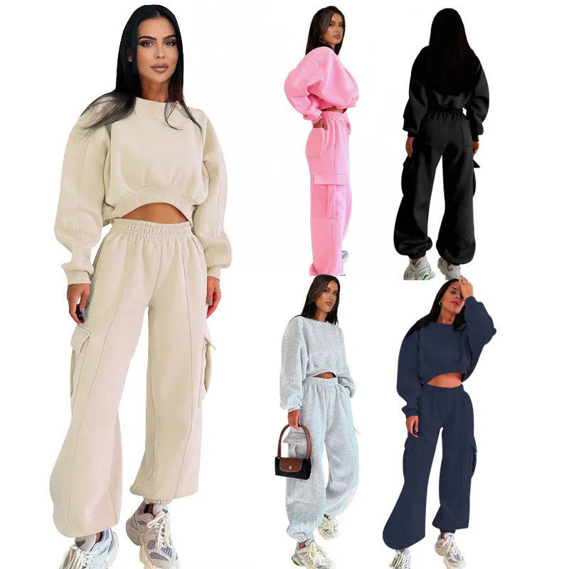Women's casual round neck high waist sweatpants suit in solid colour with pocket, polyester fibre