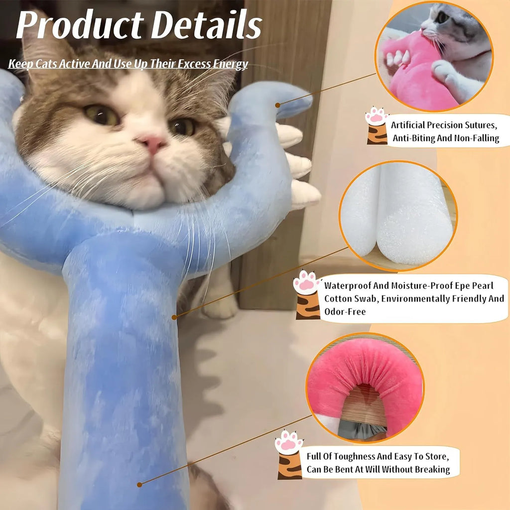 Blue plush cat wand toy with foam-filled head measuring 70cm length