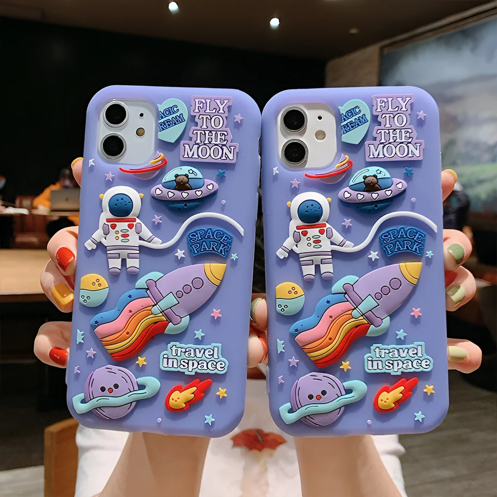 Purple silicone iPhone case with a detailed cartoon astronaut design on the back.