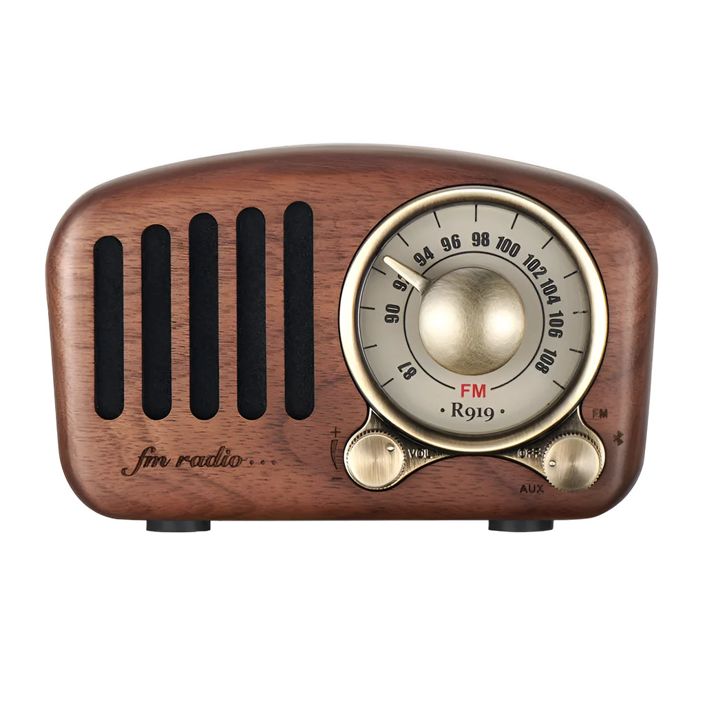 Retro wooden mini Bluetooth speaker in cherry or walnut finish showing compact size