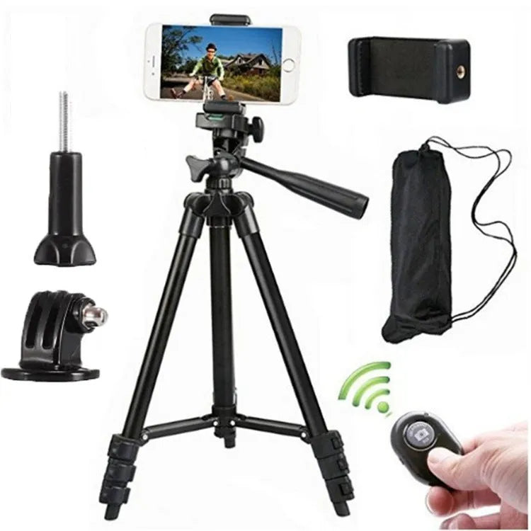 Lightweight aluminium alloy camera phone tripod with 3D pan/tilt head and quick release plate, silver or black.
