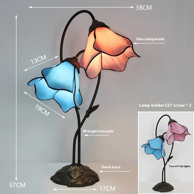 American classical retro style glass table lamp with ornate lotus shade, shown in a beige double head configuration.
