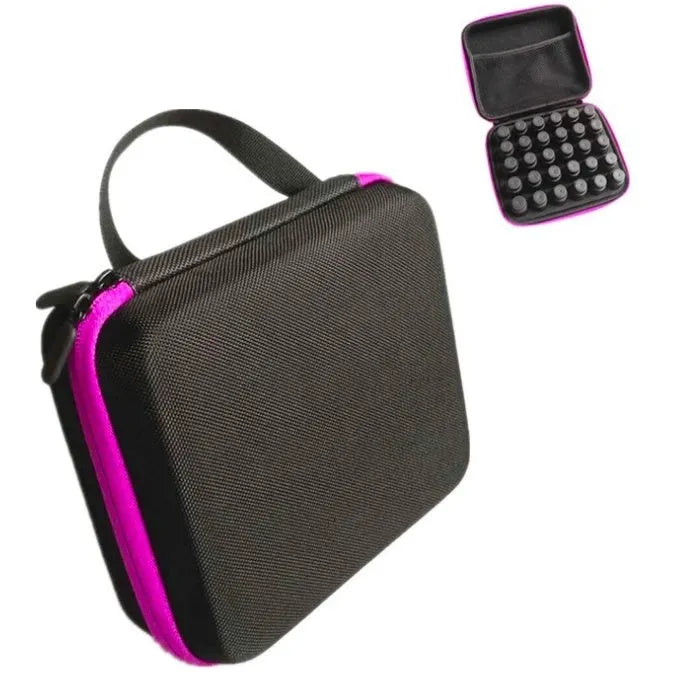Cube-shaped EVA essential oil storage bag with 30 compartments for 15ml bottles, shown in red