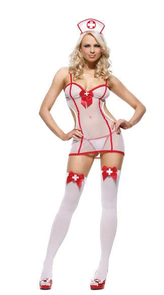 White mesh women's uniform suit set with hat top and underwear on display