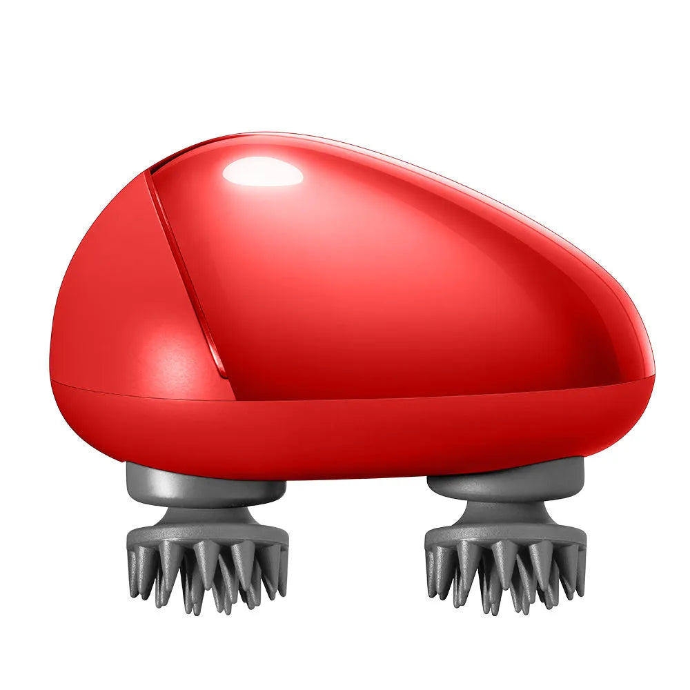 Red electric scalp massager with silicone vibration heads showing 110mm x 120mm x 82mm dimensions