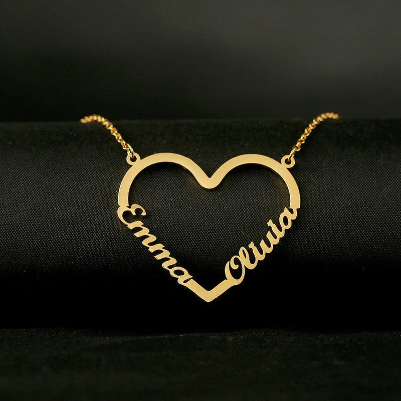 Custom stainless steel name heart pendant necklace with 18K gold plating and adjustable chain