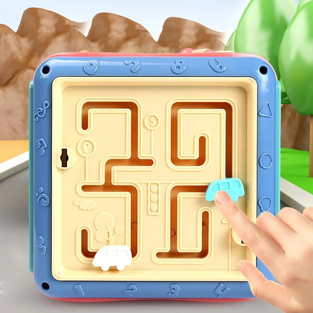 ABS plastic hexahedron educational toy with six different Montessori activities including bead maze and gears