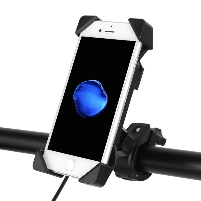 Black ABS motorcycle phone holder with USB port mounted on a handlebar, showing phone clamp and charging cable.