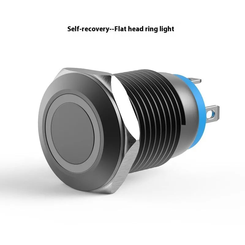 12mm self-reset waterproof metal button with light – silver contact, flat head, blue colour