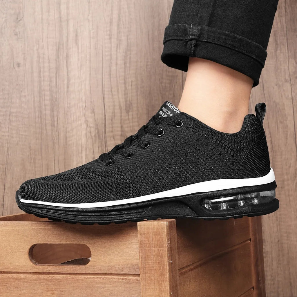 Casual Flyknit running shoes in multiple colours showing mesh upper and PU sole.